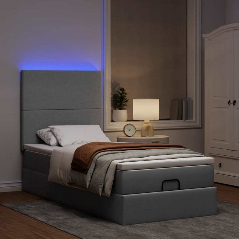 Łóżko Ottoman z materacem i LED, jasnoszary, 90x200 cm, tkanina