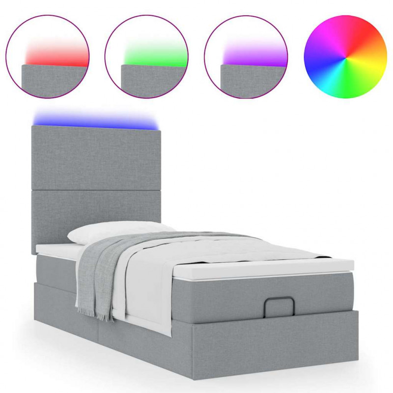 Łóżko Ottoman z materacem i LED, jasnoszary, 90x200 cm, tkanina
