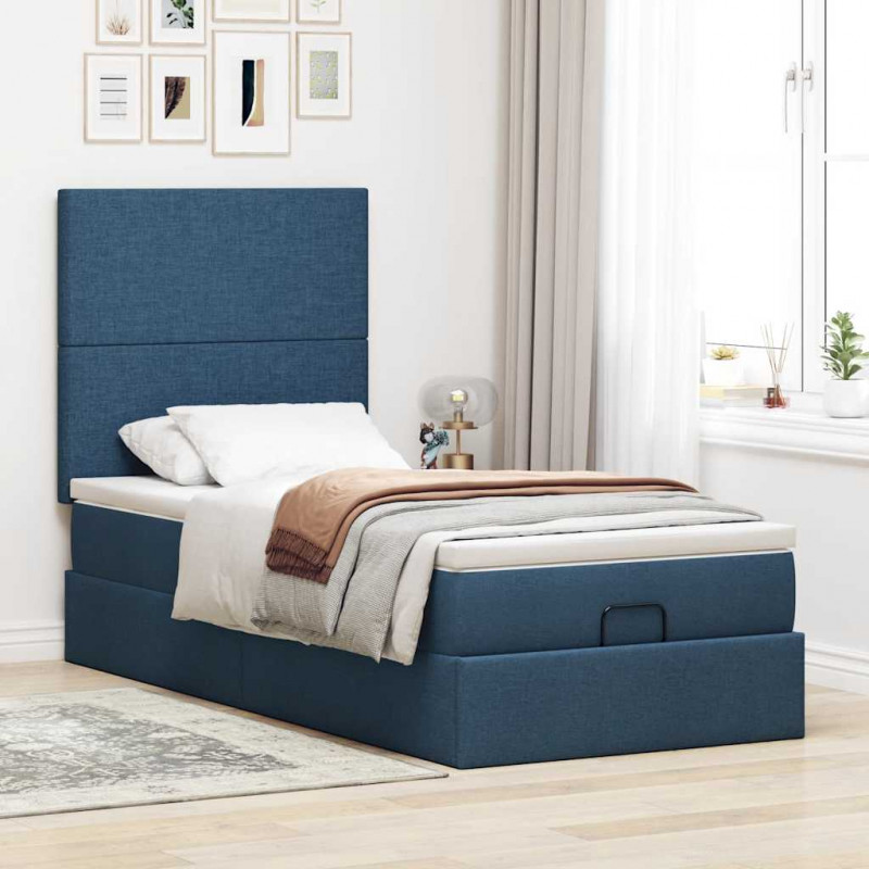 Otomana Łóżko z Materacem i LED Niebieski 100x200 cm Tkanina