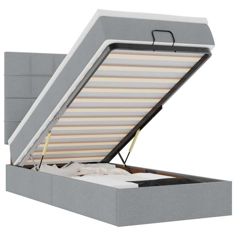 Łóżko Ottoman z materacem i LED, jasnoszary, 90x200 cm, tkanina