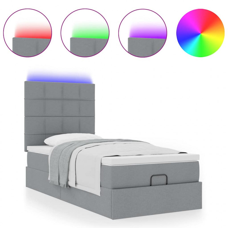 Łóżko Ottoman z materacem i LED, jasnoszary, 90x200 cm, tkanina