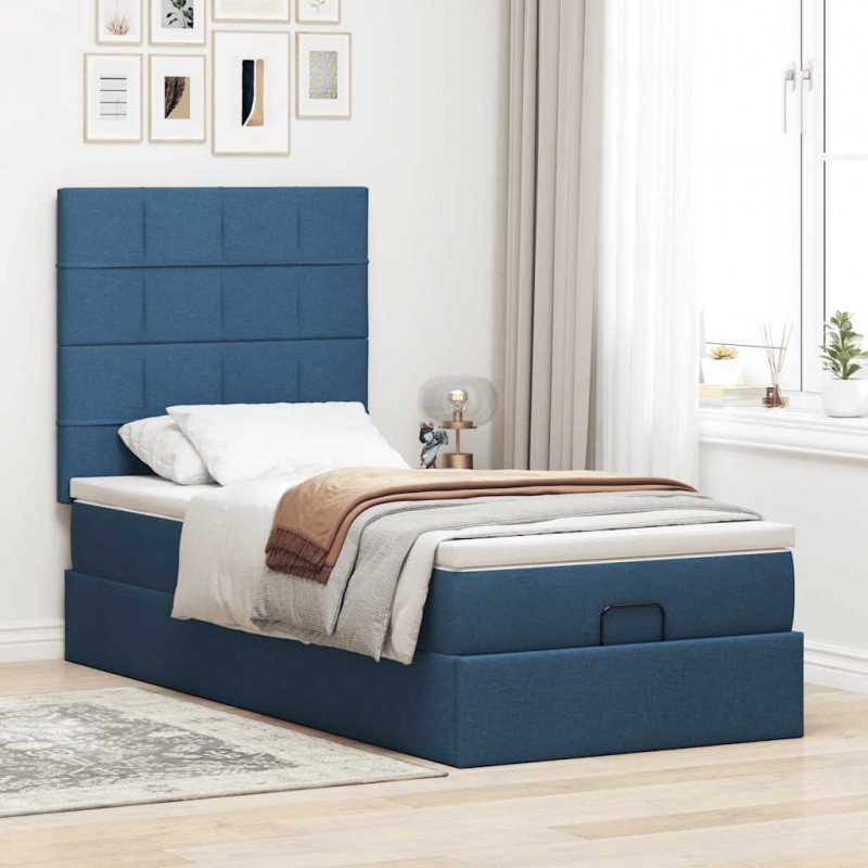 Otomana Łóżko z Materacem i LED Niebieski 100x200 cm Tkanina