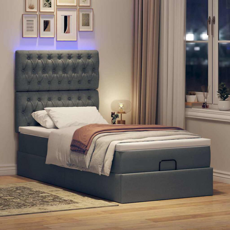 Łóżko Ottoman z materacem i LED, ciemnoszary, 80x200cm, tkanina