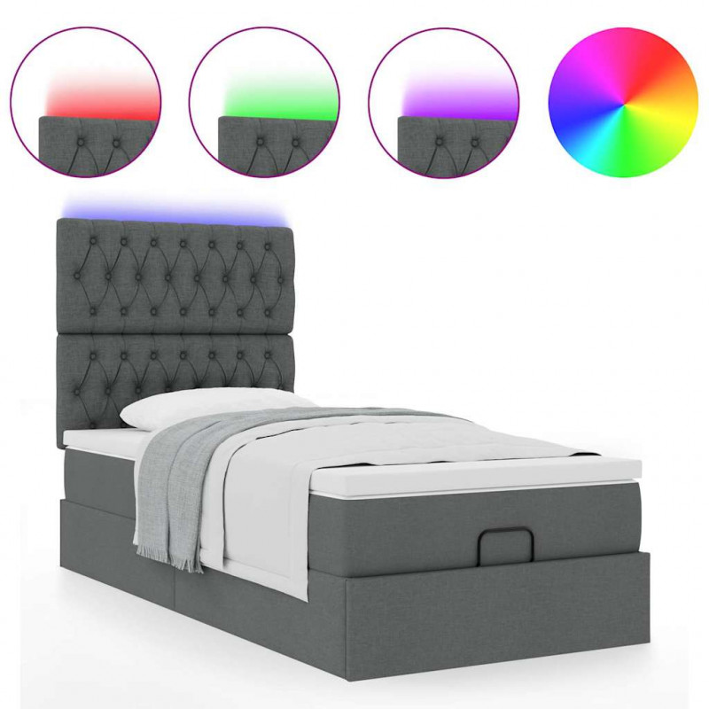 Łóżko Ottoman z materacem i LED, ciemnoszary, 80x200cm, tkanina