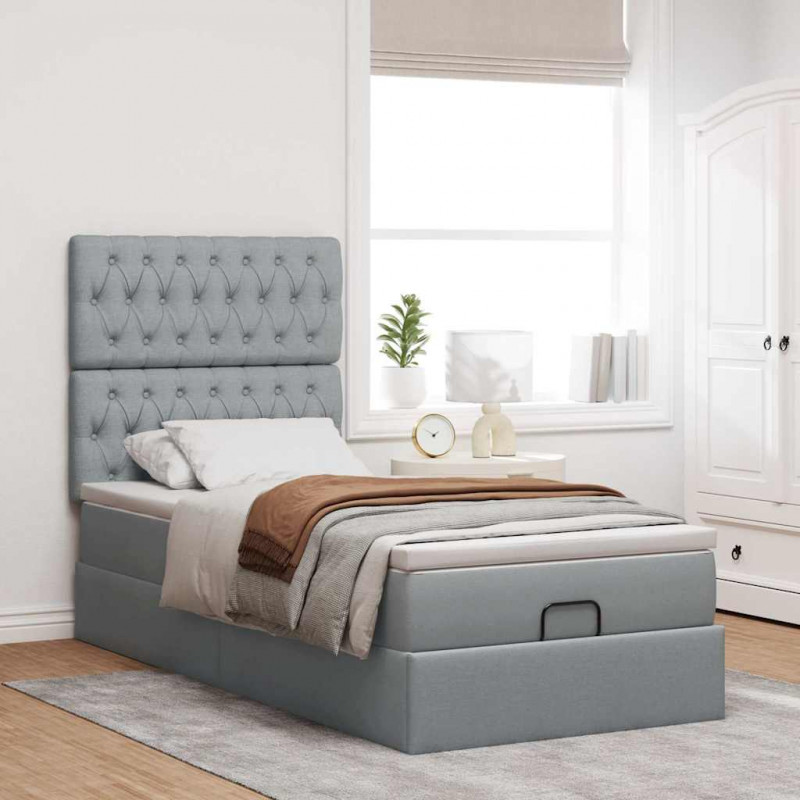 Łóżko Ottoman z materacem i LED, jasnoszary, 90x200 cm, tkanina