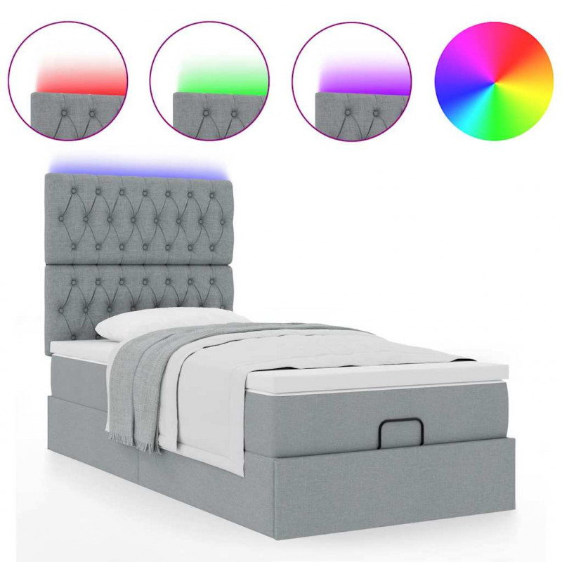 Łóżko Ottoman z materacem i LED, jasnoszary, 90x200 cm, tkanina