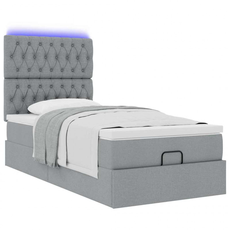 Łóżko Ottoman z materacem i LED, jasnoszary, 90x200 cm, tkanina