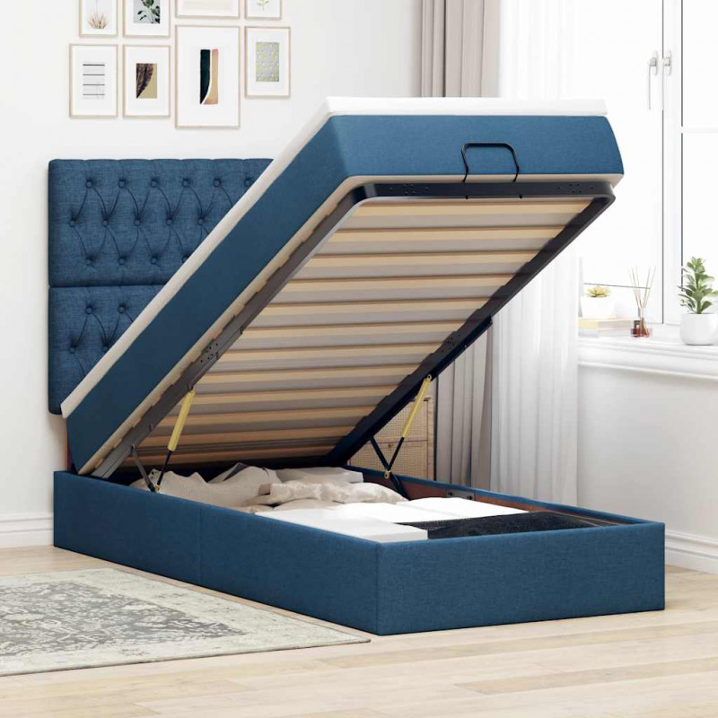 Otomana Łóżko z Materacem i LED Niebieski 90x200 cm Tkanina