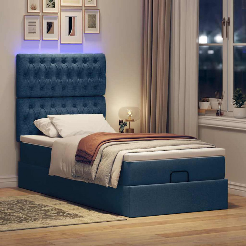 Otomana Łóżko z Materacem i LED Niebieski 90x200 cm Tkanina