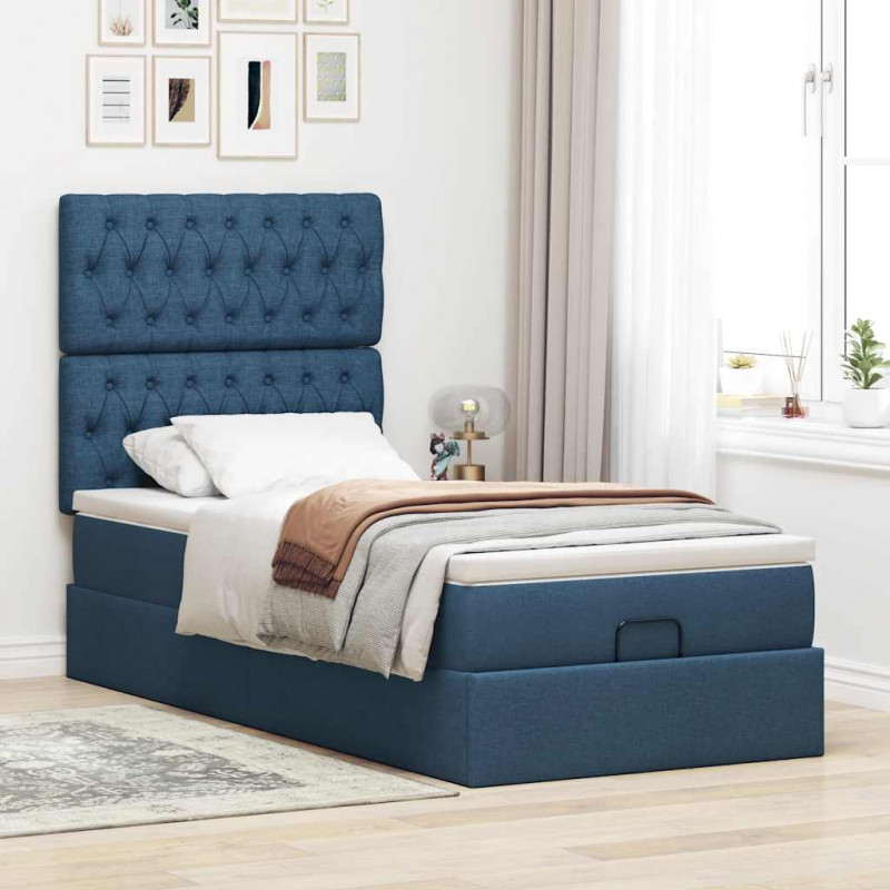 Otomana Łóżko z Materacem i LED Niebieski 90x200 cm Tkanina