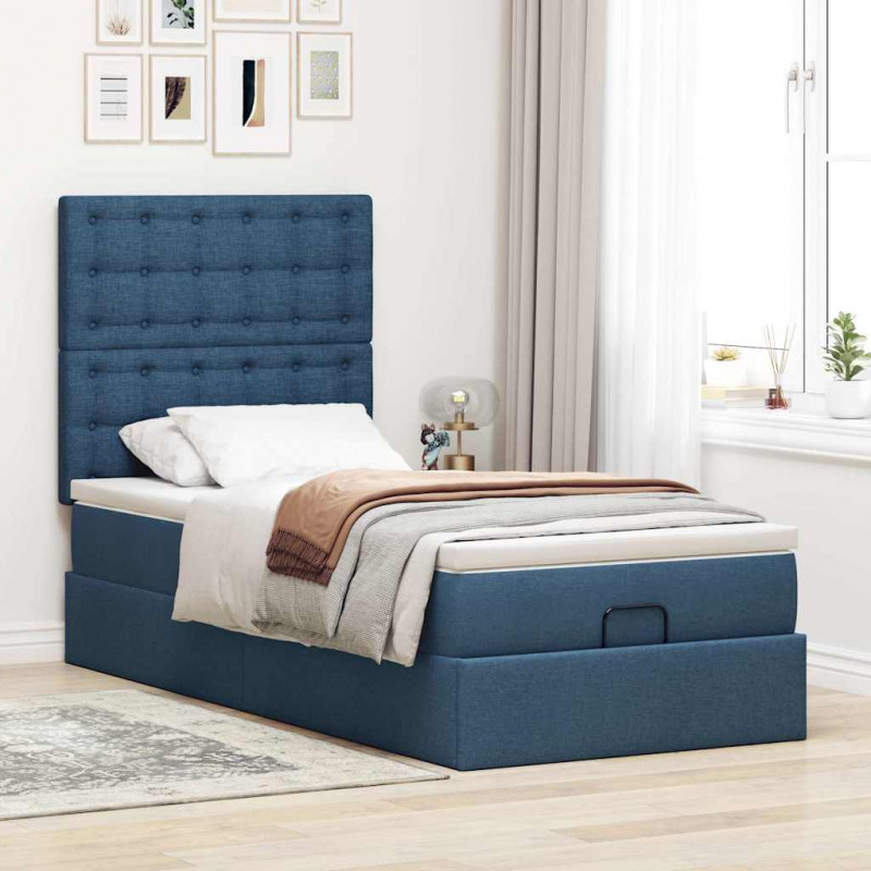 Otomana Łóżko z Materacem i LED Niebieski 90x200 cm Tkanina