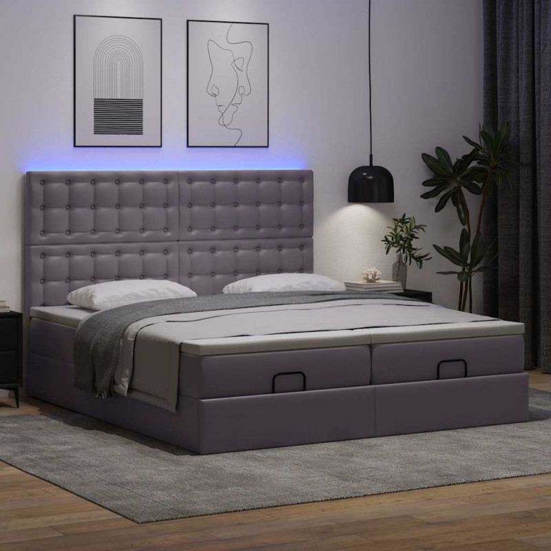 Łóżko otomana z materacami i LED, szara, 180x200cm, ekoskóra