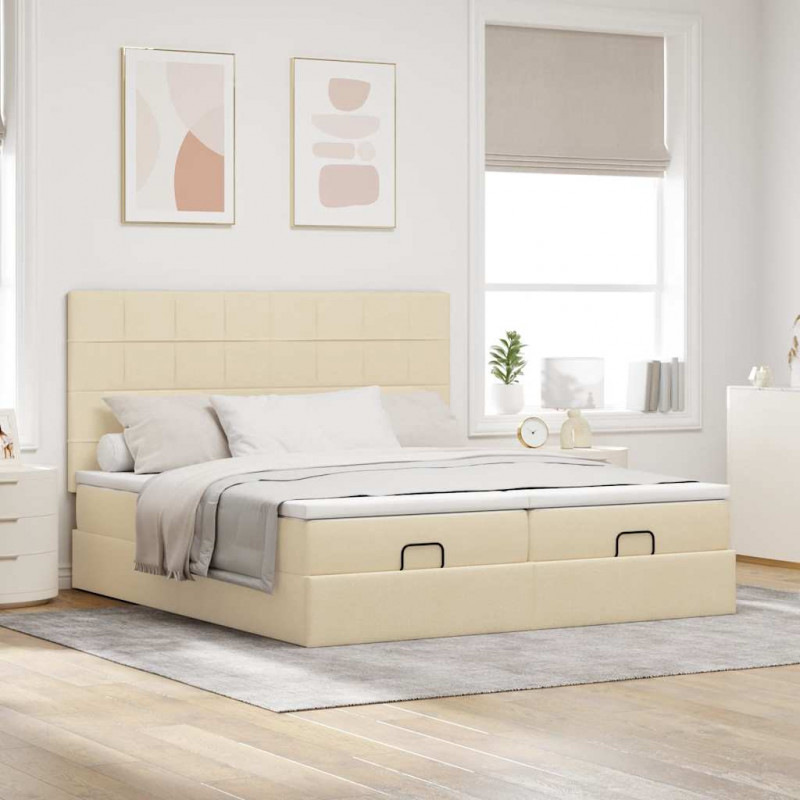 Rama łóżka otomana z materacami, kremowa, 160x200 cm, tkanina