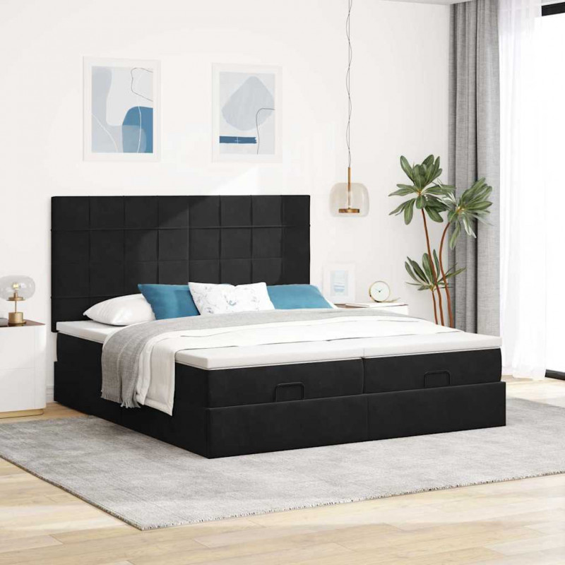 Rama łóżka otomana z materacami, czarna, 180x200 cm, aksamit