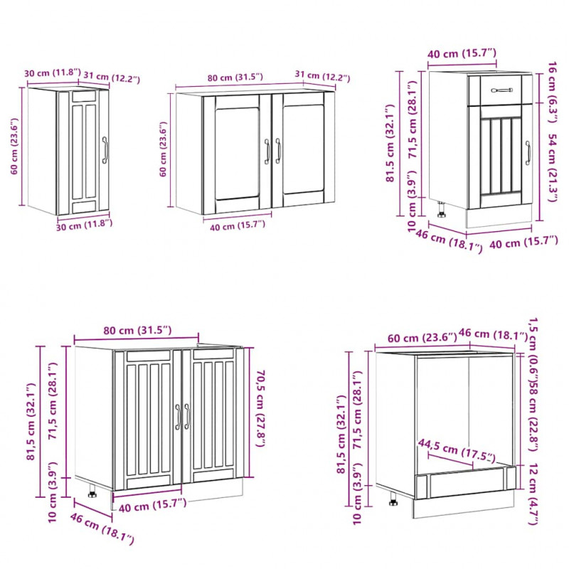 Zestaw szafek kuchennych, Lucca, 8-częściowy, dąb brązowy