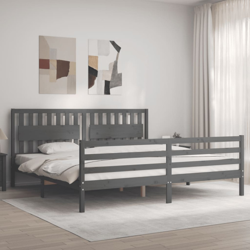 Rama łóżka z wezgłowiem, szara, 200x200 cm, lite drewno