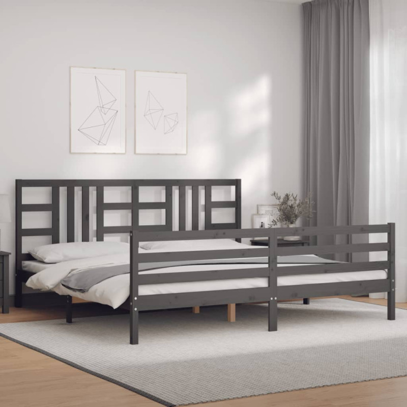 Rama łóżka z wezgłowiem, szara, 200x200 cm, lite drewno