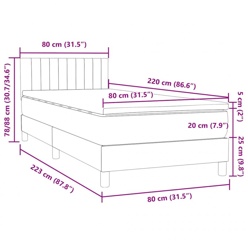 Łóżko kontynentalne z materacem, jasnoszare, aksamit, 80x220 cm