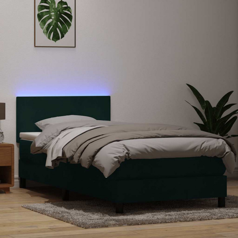 Łóżko kontynentalne z materacem i LED ciemnozielony aksamit 80x220 cm
