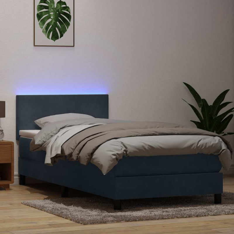 Łóżko kontynentalne z materacem i LED, ciemnoszary aksamit, 90x220 cm