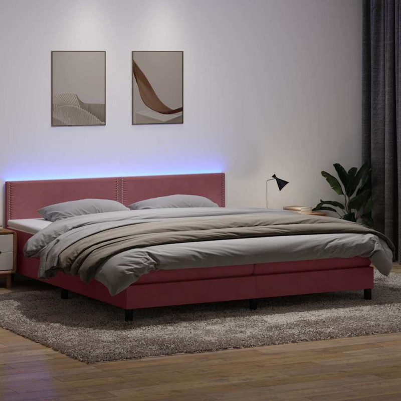 Łóżko kontynentalne z materacem i LED, różowe, 180x210 cm, aksamit