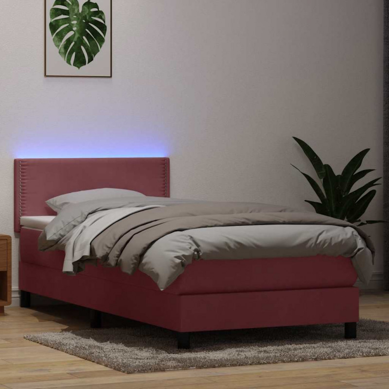 Łóżko kontynentalne z materacem i LED, różowe, 100x220 cm, aksamit
