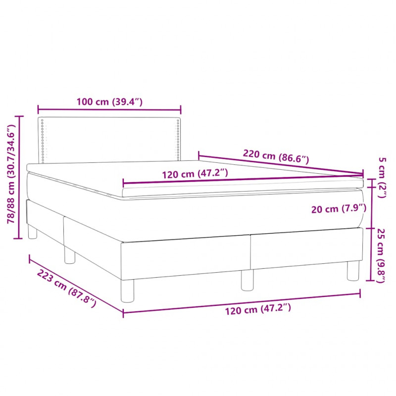 Łóżko kontynentalne z materacem i LED, jasnoszare, 120x220cm, aksamit