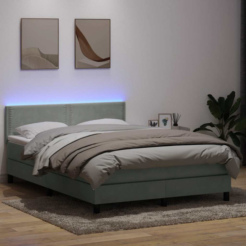 Łóżko kontynentalne z materacem i LED, jasnoszare, 160x220cm, aksamit