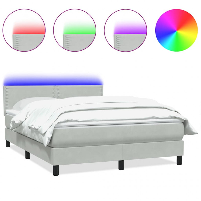 Łóżko kontynentalne z materacem i LED, jasnoszare, 160x220cm, aksamit