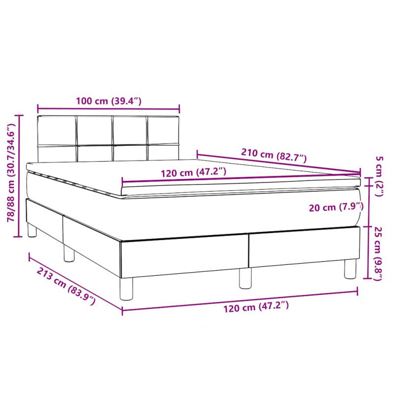 Łóżko kontynentalne z materacem i LED, jasnoszare, 120x210cm, aksamit
