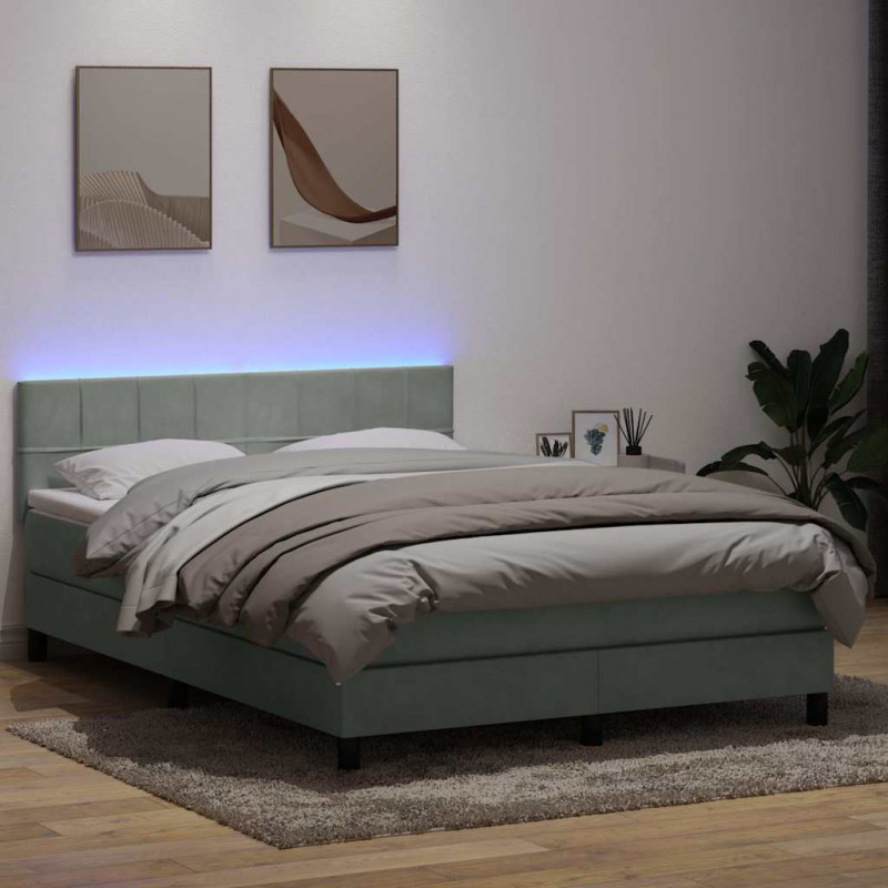 Łóżko kontynentalne z materacem i LED, jasnoszare, 140x210cm, aksamit