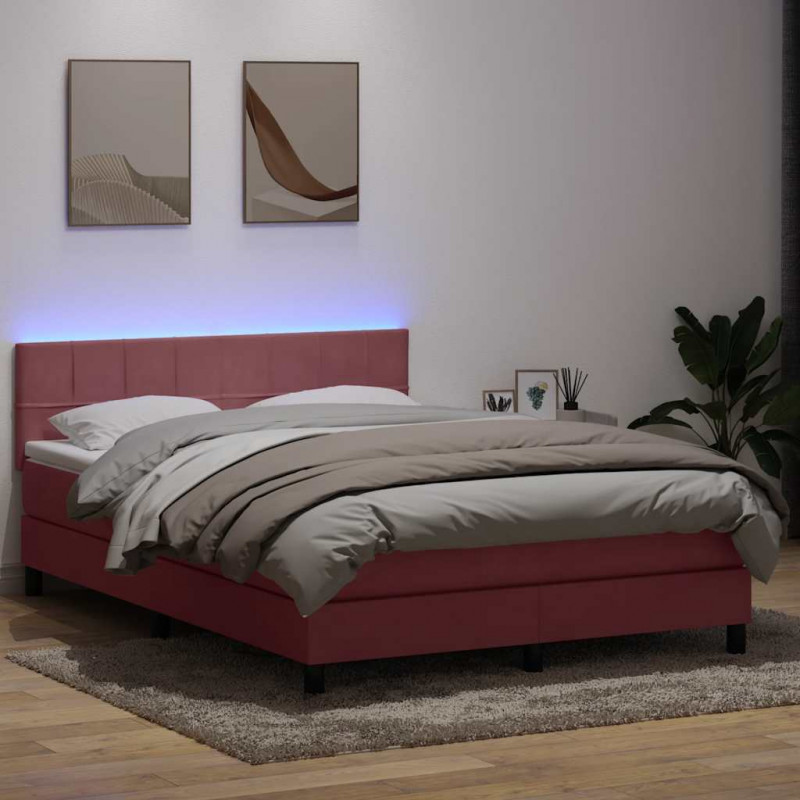 Łóżko kontynentalne z materacem i LED, różowe, 140x210 cm, aksamit