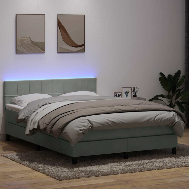Łóżko kontynentalne z materacem i LED, jasnoszare, 160x210cm, aksamit