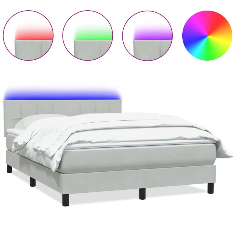 Łóżko kontynentalne z materacem i LED, jasnoszare, 160x210cm, aksamit