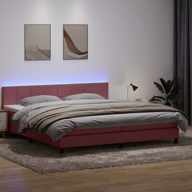 Łóżko kontynentalne z materacem i LED, różowe, 180x210 cm, aksamit