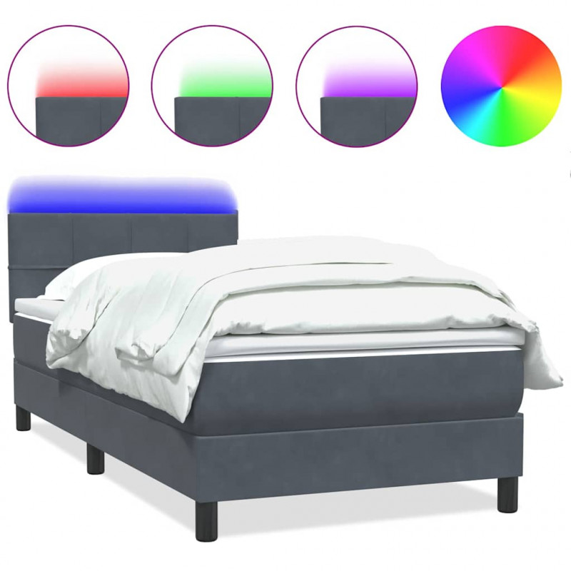 Łóżko kontynentalne z materacem i LED, ciemnoszary aksamit, 90x220 cm