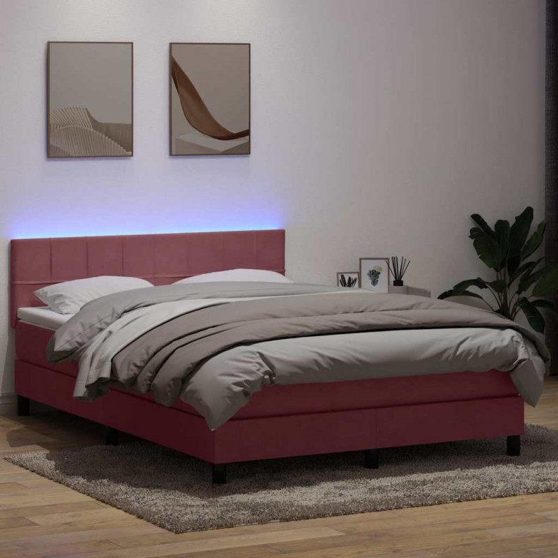 Łóżko kontynentalne z materacem i LED, różowe, 160x220 cm, aksamit