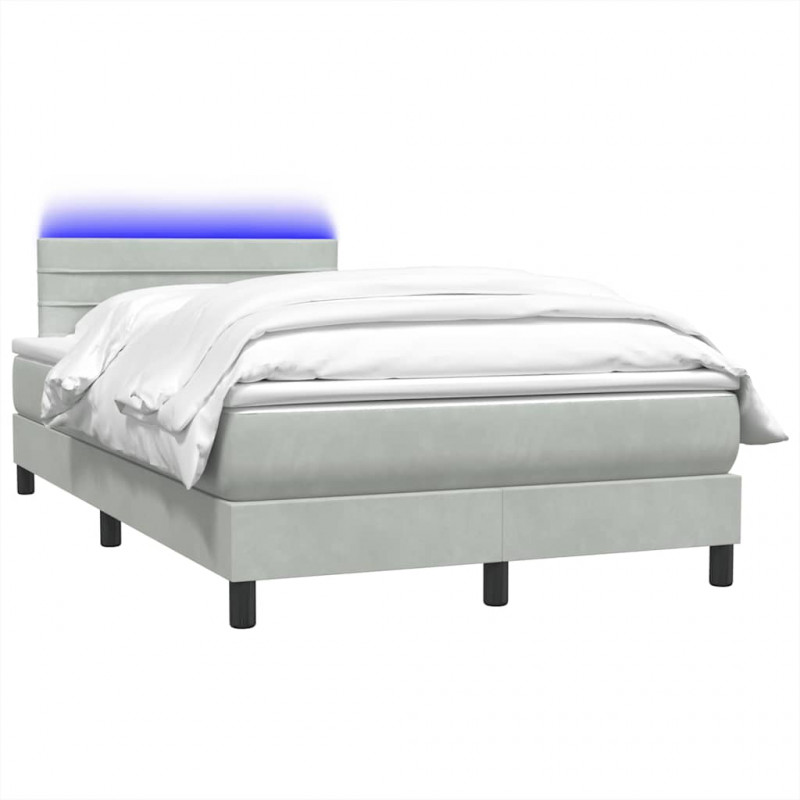Łóżko kontynentalne z materacem i LED, jasnoszare, 120x210cm, aksamit