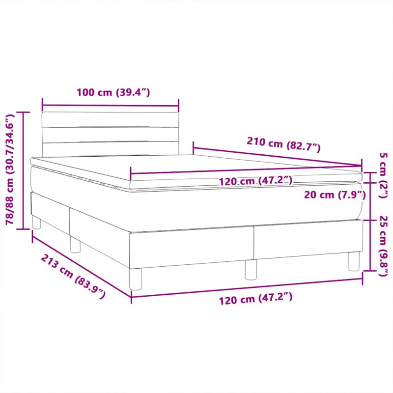 Łóżko kontynentalne z materacem i LED, jasnoszare, 120x210cm, aksamit