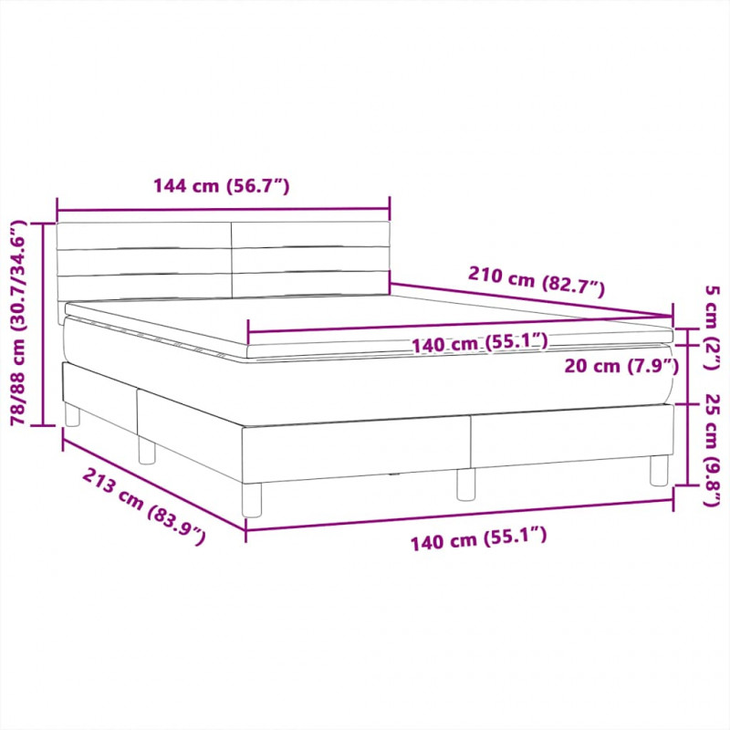 Łóżko kontynentalne z materacem i LED, jasnoszare, 140x210cm, aksamit