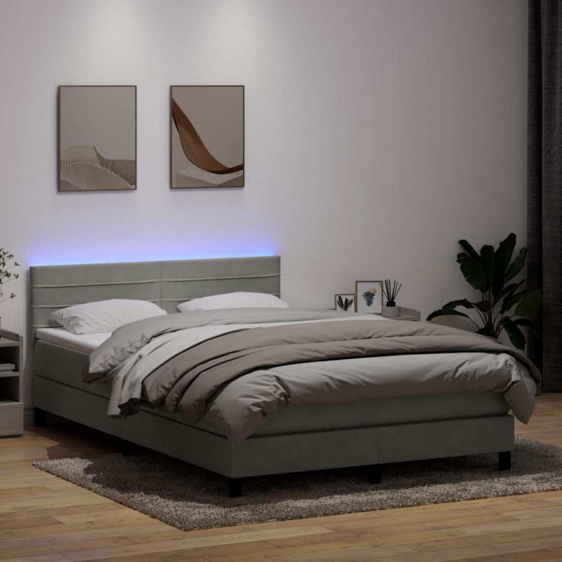 Łóżko kontynentalne z materacem i LED, jasnoszare, 160x210cm, aksamit