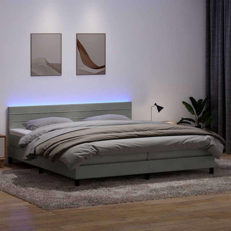 Łóżko kontynentalne z materacem i LED, jasnoszare, 180x210cm, aksamit