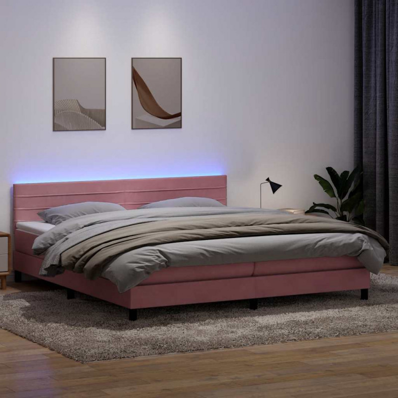 Łóżko kontynentalne z materacem i LED, różowe, 180x210 cm, aksamit