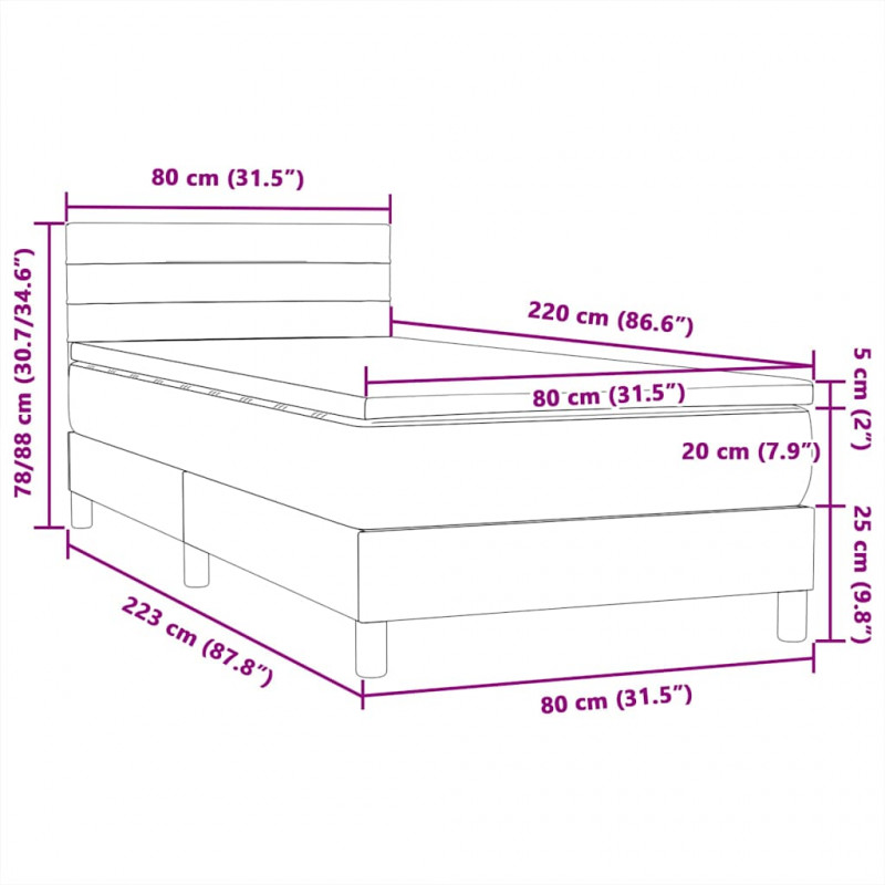 Łóżko kontynentalne z materacem i LED, niebieskie, aksamit, 80x220 cm