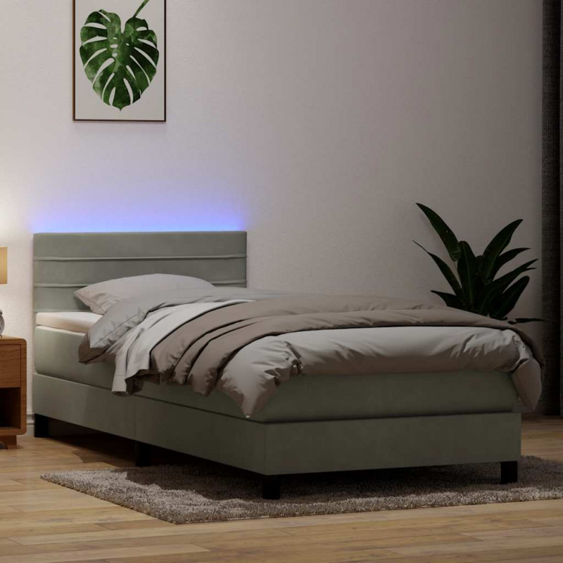 Łóżko kontynentalne z materacem i LED, jasnoszare, aksamit, 90x220 cm