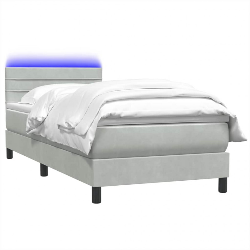 Łóżko kontynentalne z materacem i LED, jasnoszare, aksamit, 90x220 cm