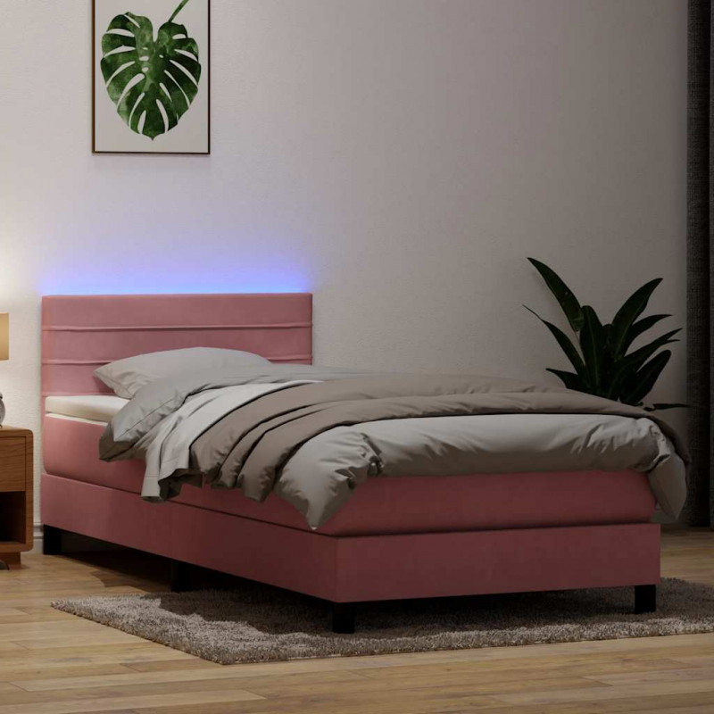 Łóżko kontynentalne z materacem i LED, różowe, 100x220 cm, aksamit