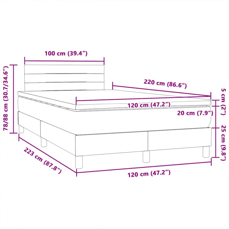 Łóżko kontynentalne z materacem i LED, jasnoszare, 120x220cm, aksamit
