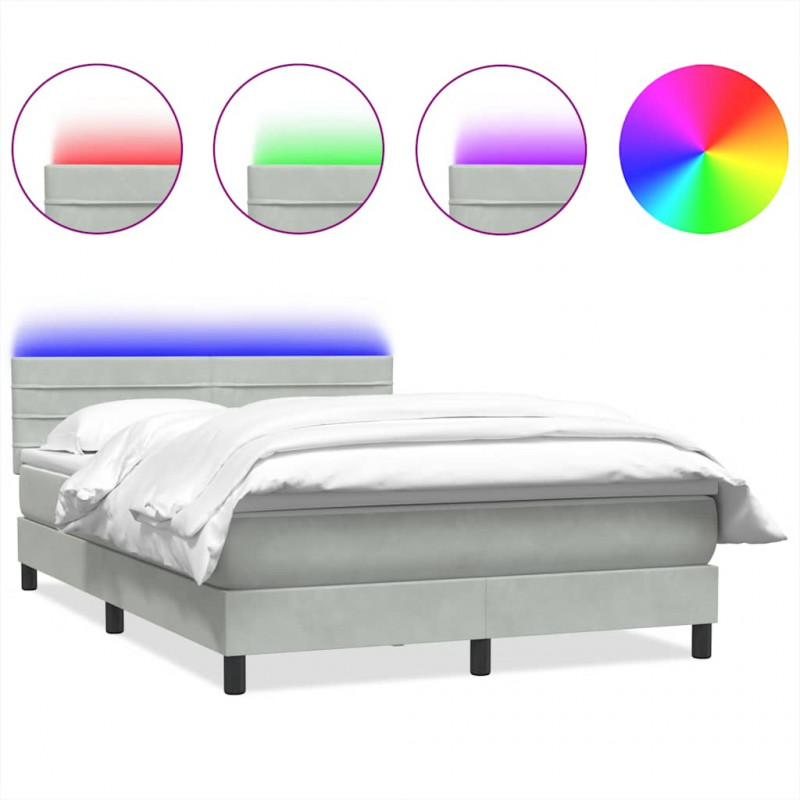 Łóżko kontynentalne z materacem i LED, jasnoszare, 140x220cm, aksamit
