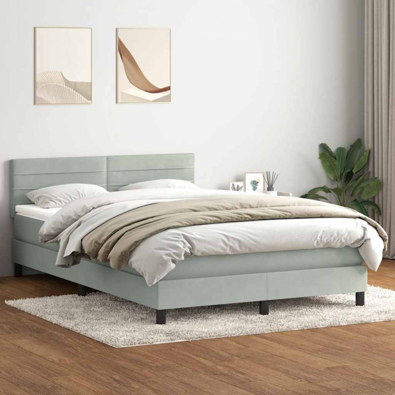 Łóżko kontynentalne z materacem i LED, jasnoszare, 140x220cm, aksamit